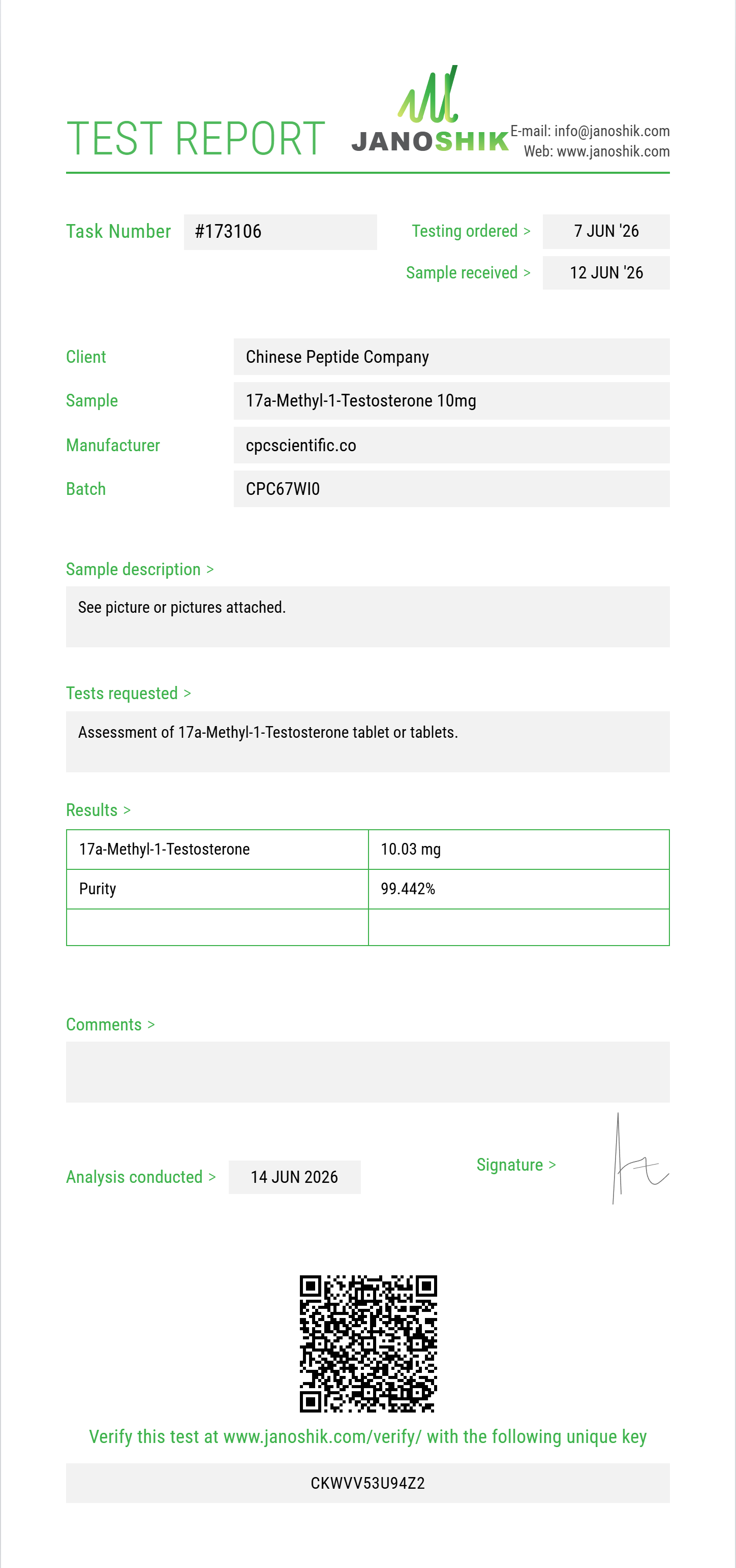 17a-Methyl-1-Testosterone Purity (HPLC) report by Janoshik Analytical