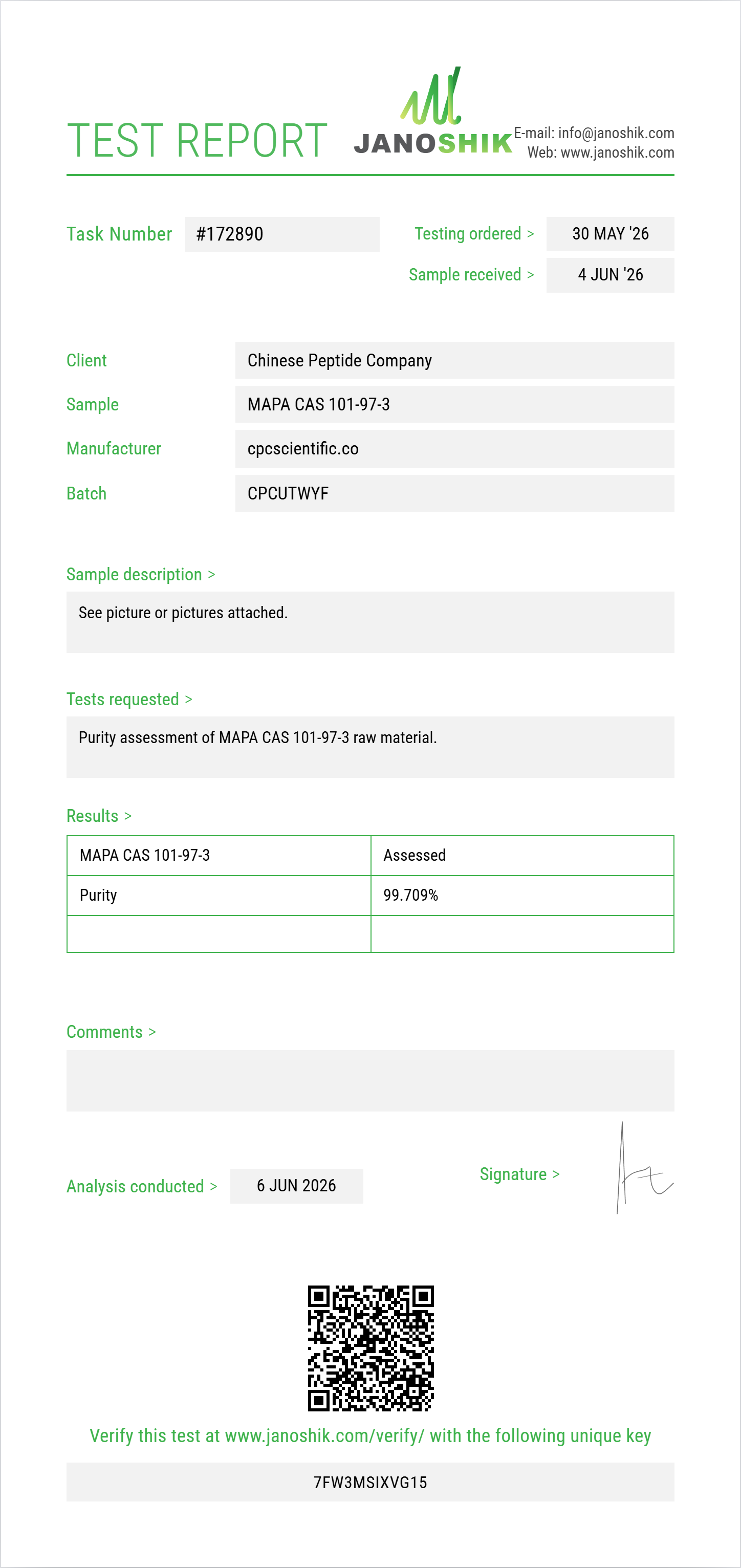 MAPA (methyl alpha-phenylacetoacetate) CAS 101-97-3 Purity (HPLC) report by Janoshik Analytical