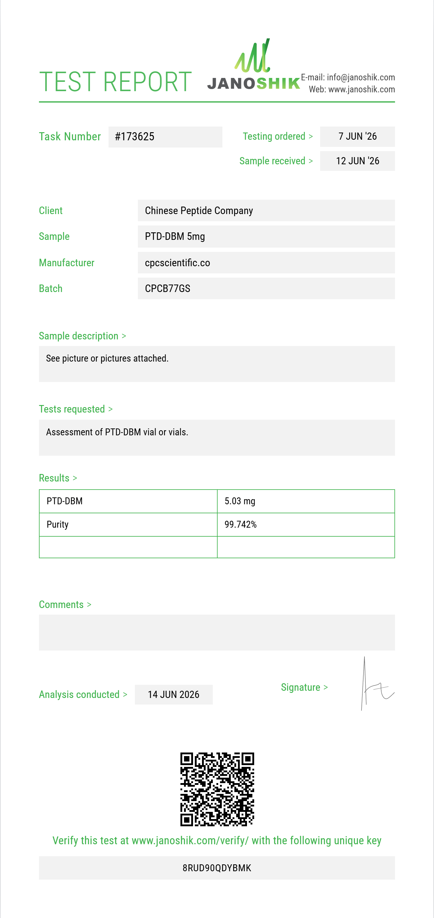 PTD-DBM Purity (HPLC) report by Janoshik Analytical