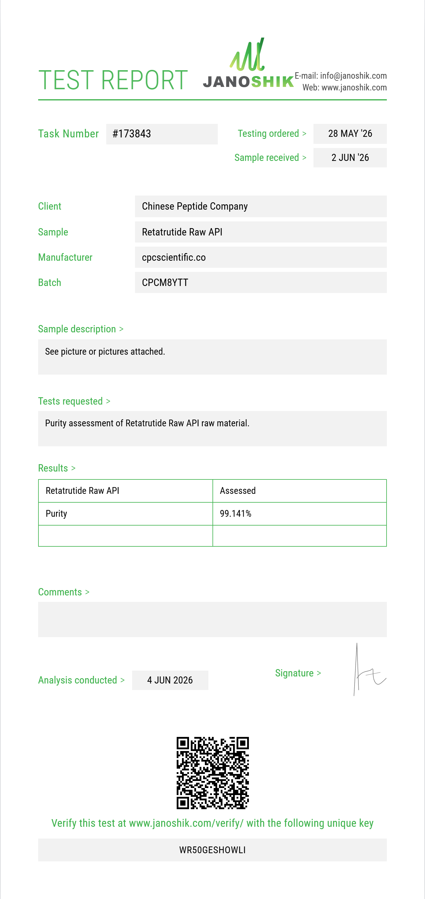 Retatrutide Raw Purity (HPLC) report by Janoshik Analytical