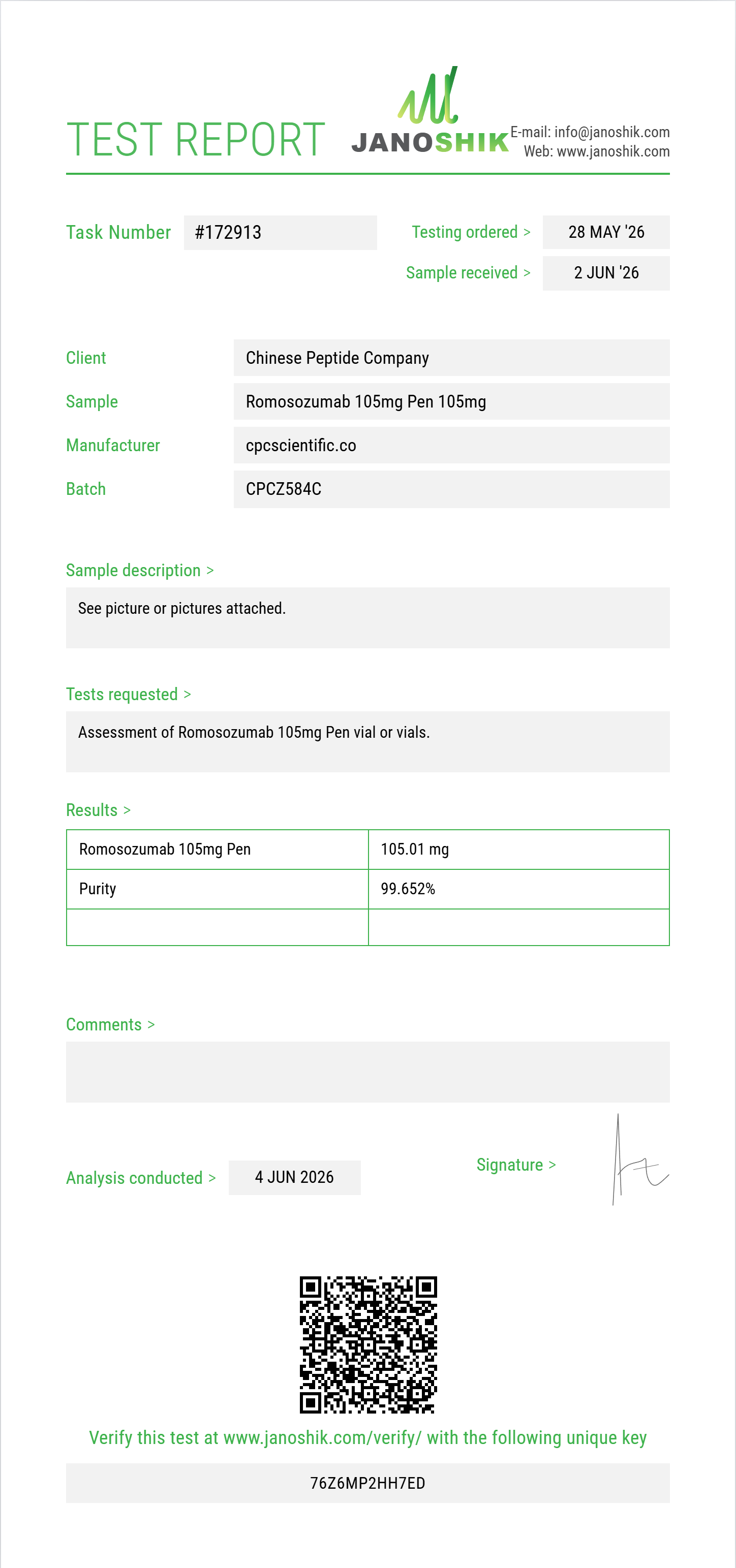 Romosozumab Purity (HPLC) report by Janoshik Analytical