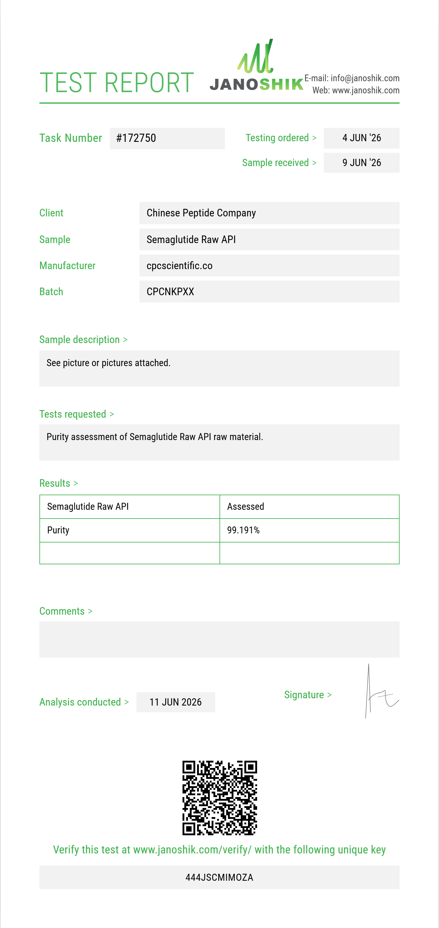 Semaglutide Raw Purity (HPLC) report by Janoshik Analytical