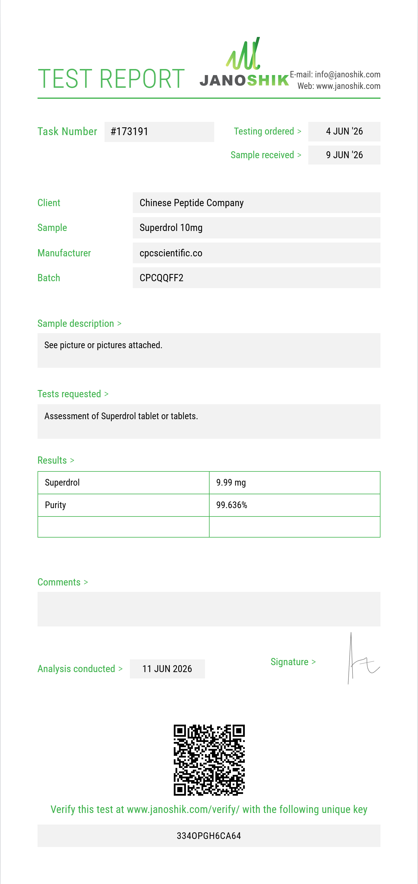 Superdrol Purity (HPLC) report by Janoshik Analytical