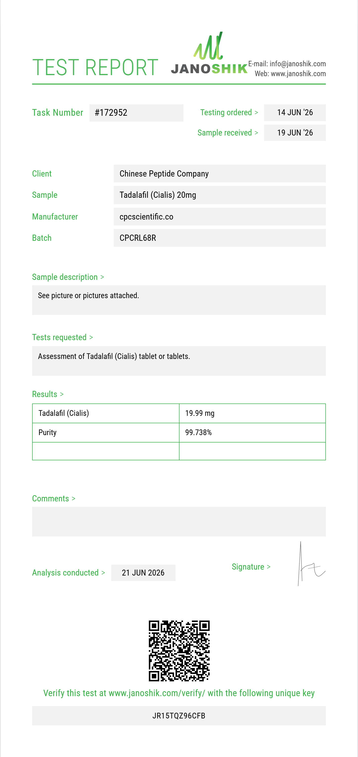 Tadalafil (Cialis) Purity (HPLC) report by Janoshik Analytical