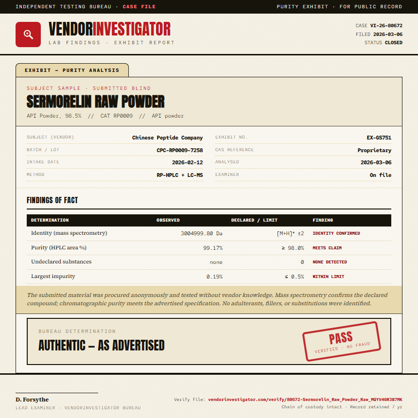 Sermorelin Raw Powder Purity (HPLC) report by VendorInvestigator